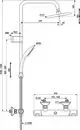 Duschsystem von Ideal Standard mit Wandmontage, bestehend aus einer Kopf- und Handbrause. Enthält eine Regalplatte und verstellbare Halterungen. Technische Zeichnung mit Maßen.
